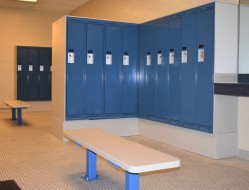 Metal Lockers with HDPESolid Plastic Base-Tops & Side Panels & Matching Solid Plastic Bench - Shawnessy YMCA