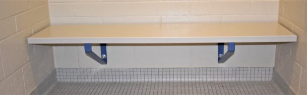 Scranton Products Solid Plastic HDPE Wall Mounted Bench with Powder Coated Bench Supports - Shawnessy YMCA Family Change Room (After)